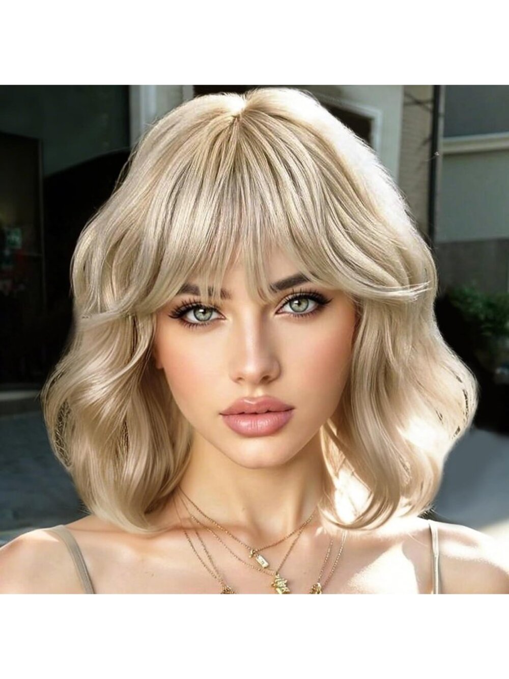 Women's Mix Blonde Wig for Short Pastel Wavy Curly Bob with Bangs
